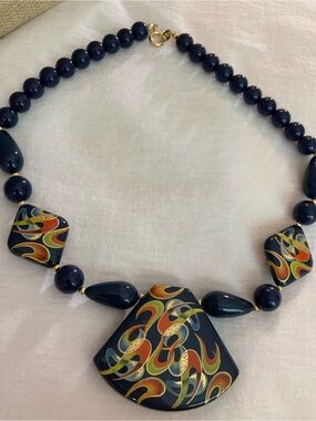 Japan Signed Vintage Navy Blue Lucite Beaded Necklace